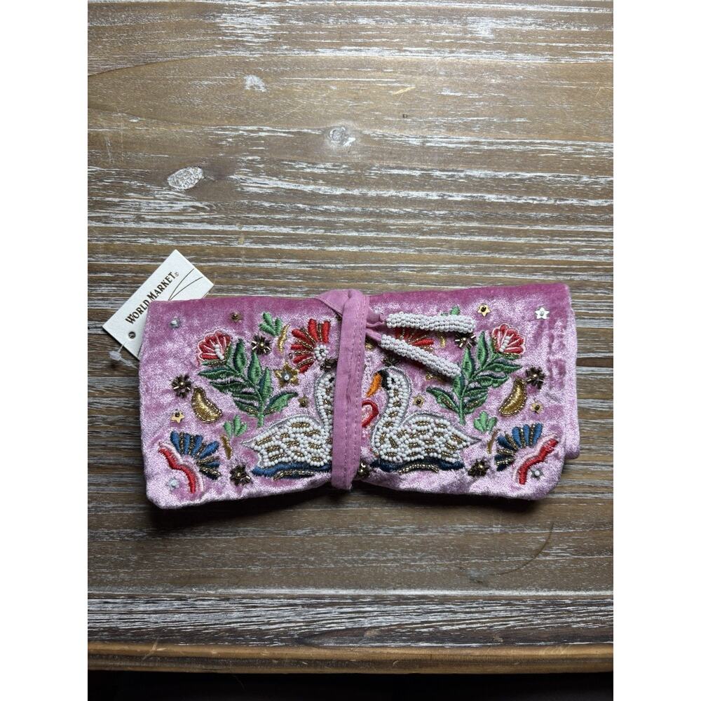 World Market Pink Velvet Travel Jewelry Roll with Zippered Compartments